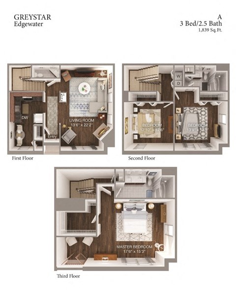 Floor plan for 3 beds, 2.5 baths, 1839 sqft